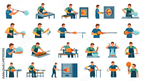 Glass Blowing Craft Process Flat Vector Illustration Set. Artisan Working with Hot Glass.
