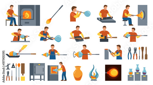 Glassblowing Craft Flat Illustration Set: Artisan Process, Tools, Furnace, and Finished Vases