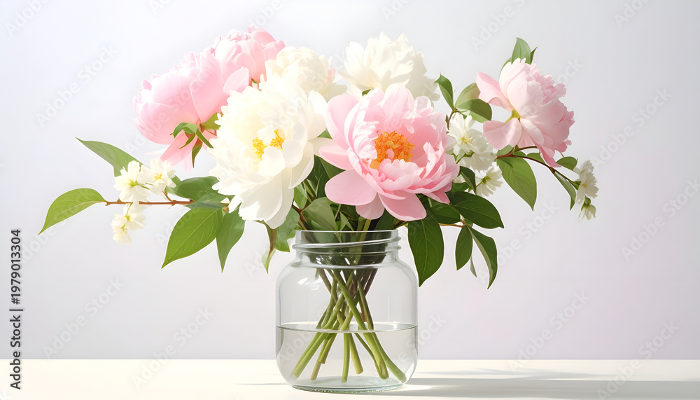 Fototapeta premium A delicate arrangement of pink and white peonies blossoms in a clear glass jar.