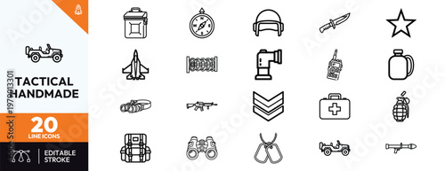 Military and tactical icon set featuring combat gear items like an assault rifle grenade first aid kit and walkie talkie. Ideal for army game interfaces and survival equipment designs.