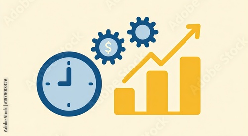 Clock, gears with dollar, and rising bar graph signify progress