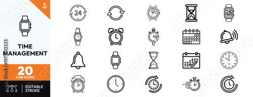 Time management and productivity line icon set featuring various clocks watches hourglasses calendars and alarms for business planning scheduling and task management efficiency.