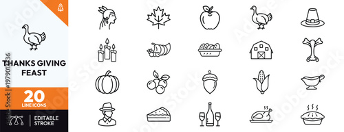 Comprehensive Thanksgiving and autumn harvest line icon set featuring traditional elements like turkey pumpkin pilgrim hat cornucopia and seasonal food for celebration designs and autumn projects