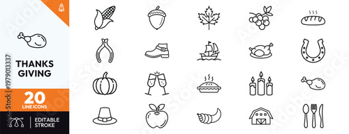 Thanksgiving holiday icon collection featuring harvest elements like pumpkin cornucopia and pilgrim hat with seasonal food and traditional celebration symbols in a clean outline style.