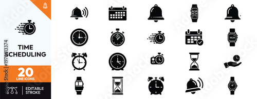 Time management and scheduling icon set featuring various clocks wristwatches hourglasses alarm bells and calendars for business productivity and deadline tracking application designs.