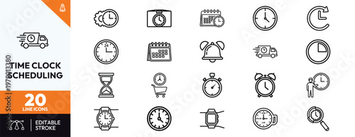 Time management and scheduling line icon set featuring wall clocks, alarm clocks, wristwatches, stopwatches, hourglasses, calendars, and delivery timing for business and productivity.
