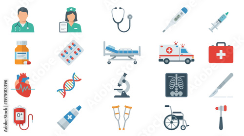 Flat Design Medical Icons Set: Doctor, Nurse, Equipment, and Healthcare Symbols Collection
