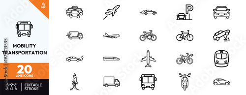 Mobility and transportation line icons set featuring various vehicles including cars, buses, trains, airplanes, electric bikes, rockets, and delivery trucks for urban transit and logistics.