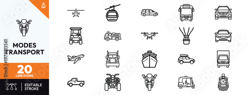 Comprehensive collection of twenty thin line icons depicting different modes of transportation from airplanes and helicopters to ships buses cars trucks motorcycles and steam trains.