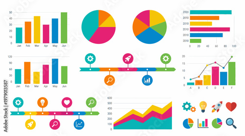 Comprehensive vector infographic design featuring diverse colorful charts, graphs, and timeline elements for business analysis and data presentation.