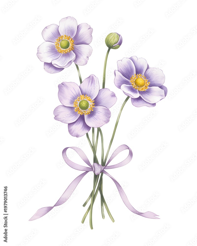 Obraz premium Hand drawn of a bouquet of three light purple anemone flowers tied with a matching ribbon on a white background