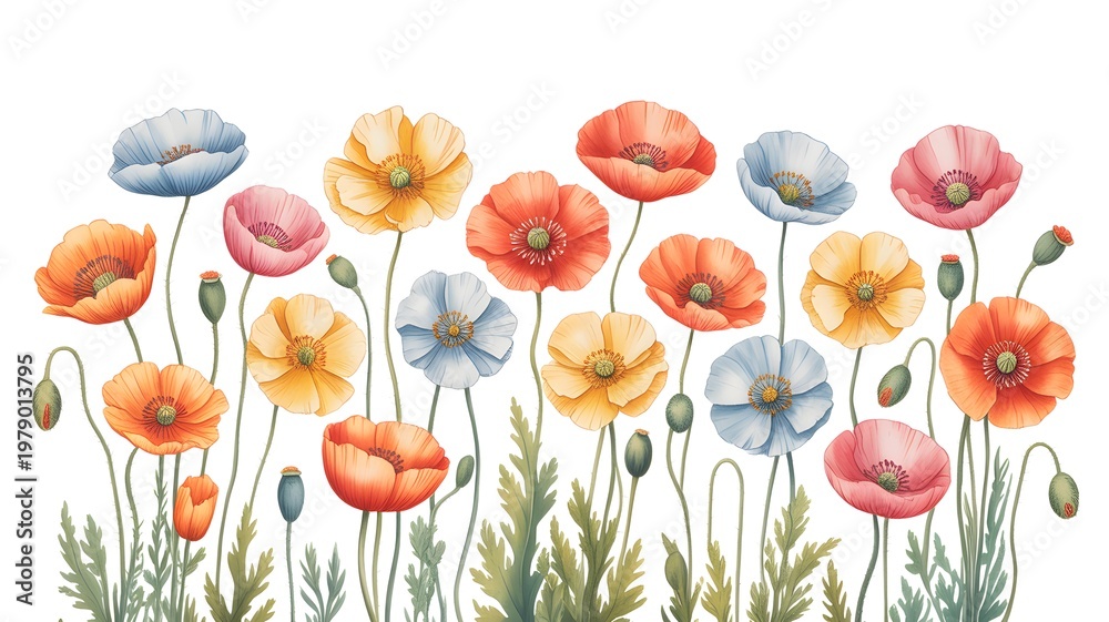 Fototapeta premium Field of colorful poppies in shades of orange yellow pink and blue on a white background