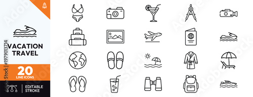 Set of vacation and travel line icons including camera airplane passport suitcase bikini jet ski and beach elements for summer holiday planning and tourism design projects.