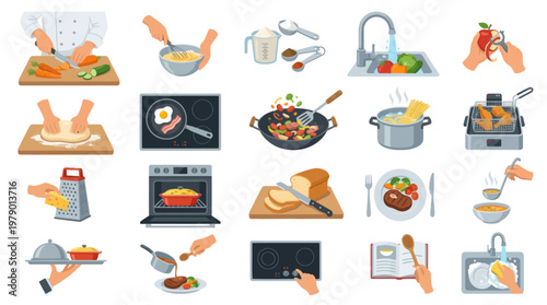 Culinary Cooking Process Flat Vector Icons Set - Kitchen Tools, Food Preparation  Chef Actions
