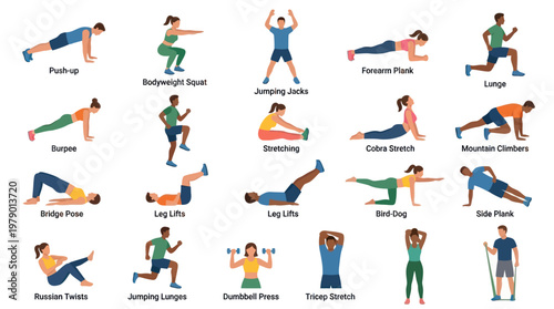 Flat Vector Illustration of People Doing Various Fitness Workout Exercises