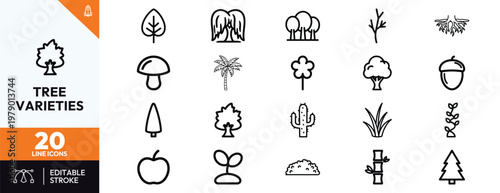 A comprehensive set of outline icons featuring various tree species and nature elements like leaves, palm trees, cacti, pine trees, mushrooms, and seedlings for ecological design projects.