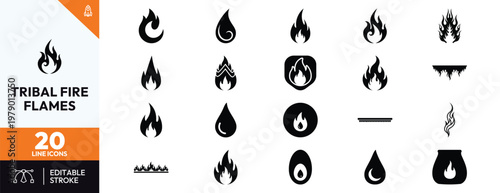 Tribal fire flames icon set for creative branding and design projects featuring stylized heat and ignition symbols in black and white minimalist style for digital and print media.