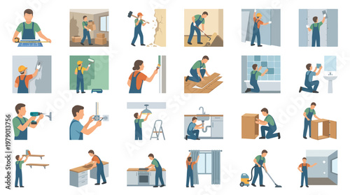 Construction worker renovating a house, DIY, home improvement, flat vector