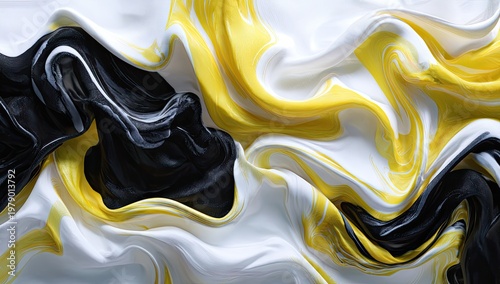 Abstract composition of flowing fabrics in black, white, and yellow hues