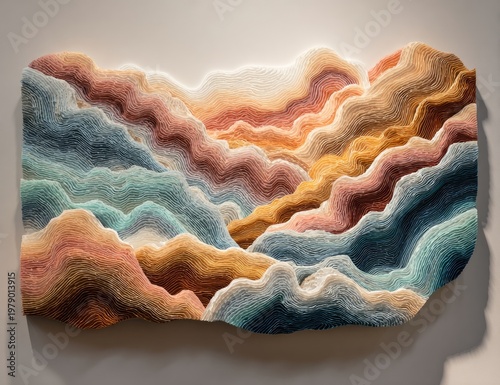 Textured artwork depicting layered, undulating forms in blended pastel hues reminiscent of mountains