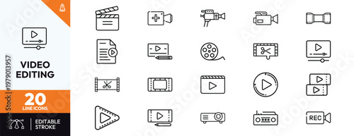 Comprehensive collection of twenty minimalist line icons for video editing and film production featuring clapperboard camera film reel and player symbols for digital multimedia content creation