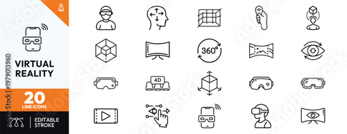 Set of minimalist line icons for virtual and augmented reality technology including VR headsets 360 degree view immersive experience gaming simulation and digital interface elements
