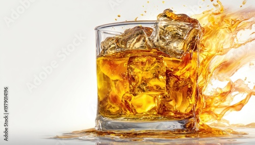 A rocks glass of amber liquid and ice, with a dynamic splash and bright lighting