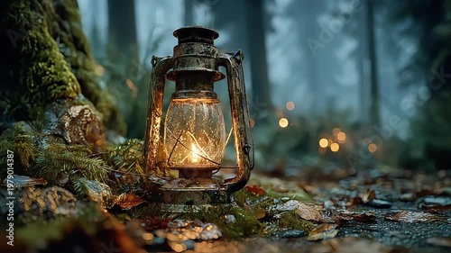 A vintage lantern glows warmly in a serene, misty forest setting. Evokes feelings of hope, guidance, and exploration, ideal for travel blogs and natur