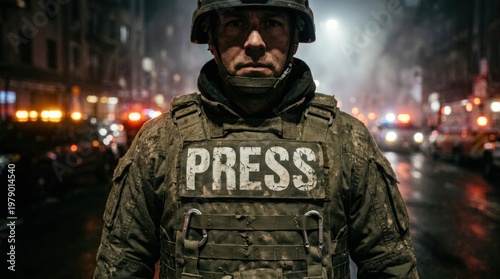 War Correspondent in Tactical Press Vest and Helmet Standing in Urban Conflict Zone at Night with Emergency Vehicle Lights