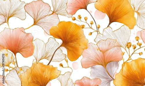 Watercolor illustration of stylized ginkgo leaves in shades of orange, peach, and white