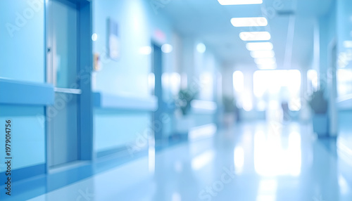 A softly blurred view of a modern hospital hallway, illuminated by bright overhead lights, creates a sense of sterile cleanliness and quiet efficiency.