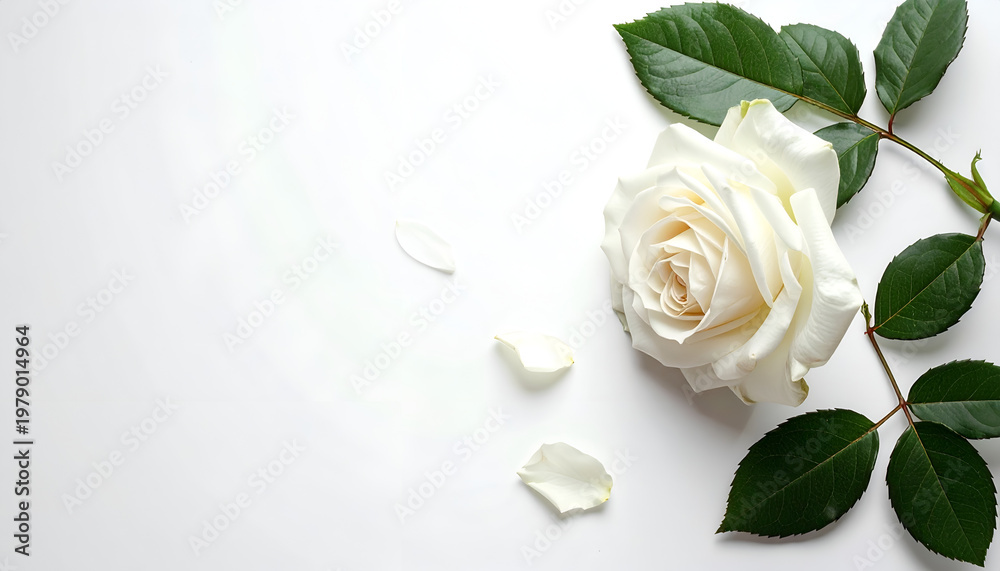 Fototapeta premium A pristine white rose and scattered petals rest on a clean, white surface, creating a delicate and elegant composition.