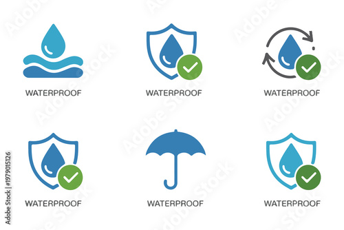 Water protection symbol set with shield icons droplets and green check marks for advertising.