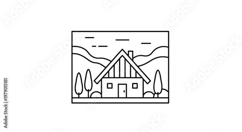 Minimalist Line Art Cabin in Scenic Landscape with Trees and Hills