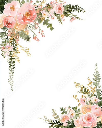 Watercolor floral frame with soft pink and yellow blooms, green foliage on white