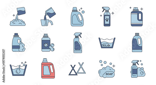 A collection of laundry and cleaning product icons, featuring detergents, fabric softeners, spray bottles, and washing symbols.