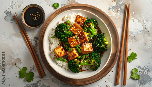 A beautifully presented bowl of sesame tofu and broccoli over fluffy white rice, accompanied by chopsticks and a side of savory sauce, showcases a delicious and healthy Asian-inspired meal.