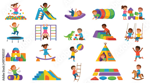 Flat Cartoon Kids Playing Activities, Childhood Fun on Playground and Playroom Equipment Vector