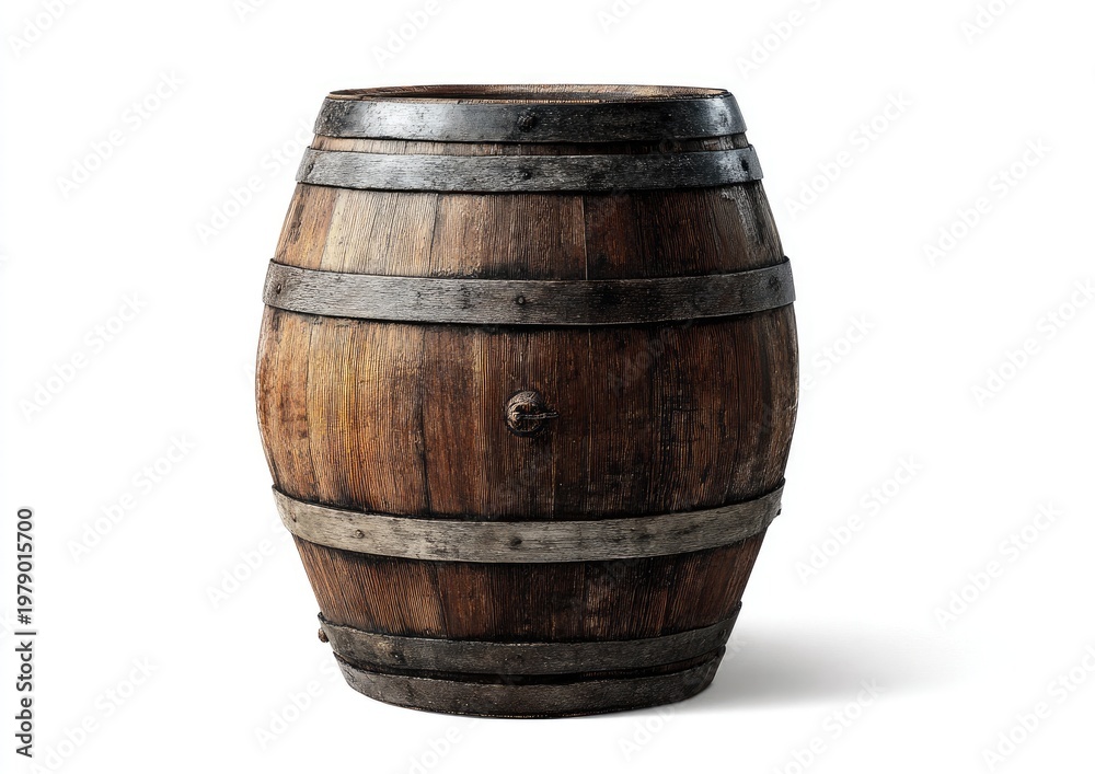 Fototapeta premium Aged wooden barrel with metal bands, isolated on white