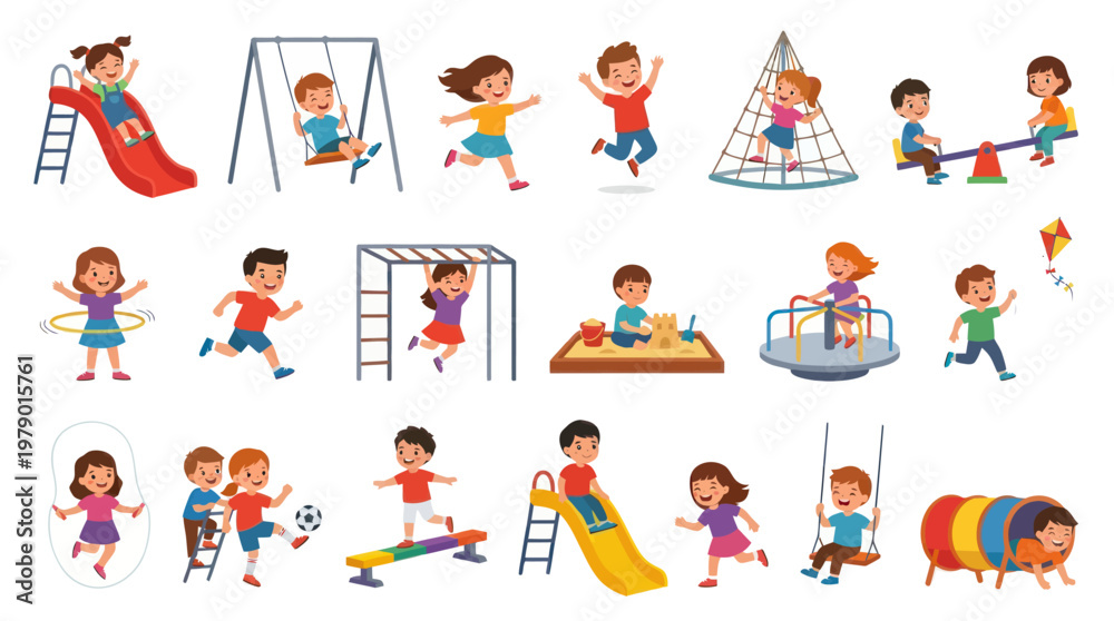 Fototapeta premium Happy Kids Playing on Playground Equipment and Activities Flat Vector Illustration