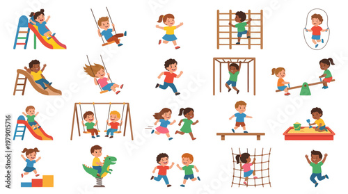 Happy Children Playing on Playground Vector Cartoon Activities Set
