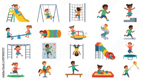 Happy Children Playing on Playground Equipment Flat Vector Illustration Set