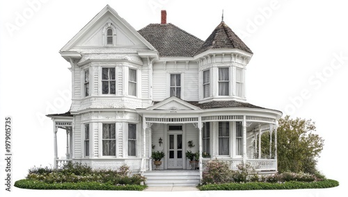 Ornate Victorian home with a wrap-around porch, tower, and lush landscaping