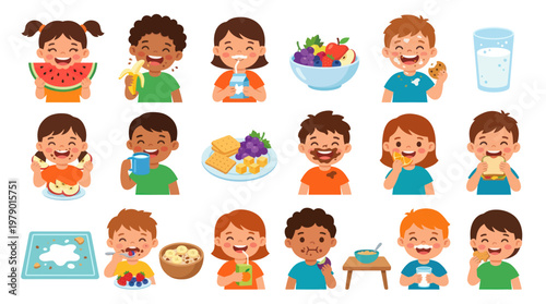 Happy Kids Eating Healthy  Unhealthy Foods Flat Vector Illustration Set