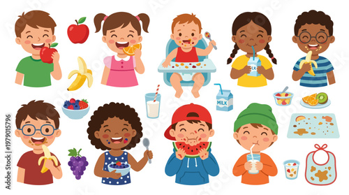 Happy Diverse Kids Eating Healthy Fruits and Vegetables, Vector Flat Art