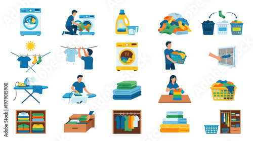 Laundry room icon set: Washing machine, ironing, folding clothes, and storage