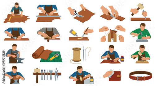 Leather Crafting Process - Flat Vector Icons of Artisan Handmade Goods