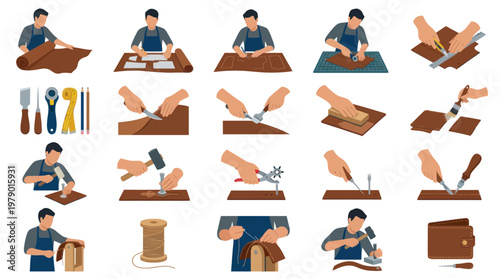 Leatherworking Process Steps: Artisan Hands, Tools, and Handmade Wallet - Flat Vector Illustration