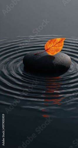 A single orange leaf rests on a black stone in water with concentric ripples