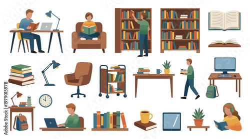 Flat Design Illustration of Library, Study, and Reading Objects